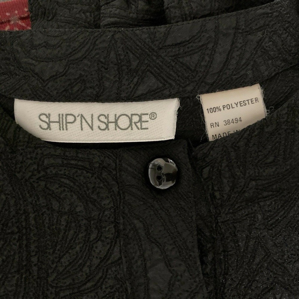 VTG Ship N Shore Blouse 8 Black Embossed Fitted Waist Puff Sl Button Top - Picture 7 of 10